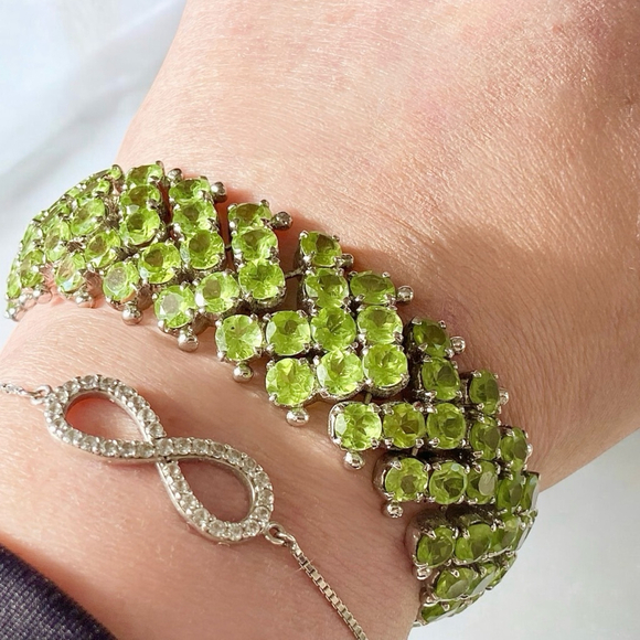Encrusted Sterling & Natural Green Peridot Gemstone Bracelet, August Birthstone - Picture 6 of 11